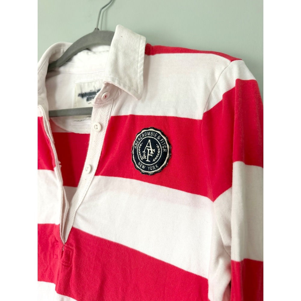 Y2K Abercrombie & Fitch Striped Rugby Polo Shirt Red White Crest Patch Large - Picture 2 of 5